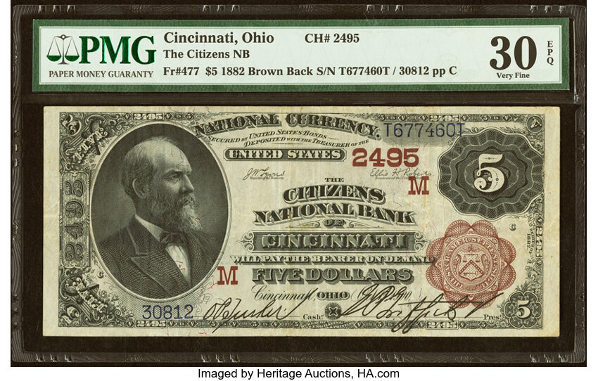1882 $5  2nd Charter Period, 1st Issue, Brown Back (Fr. 477) thumbnail 2