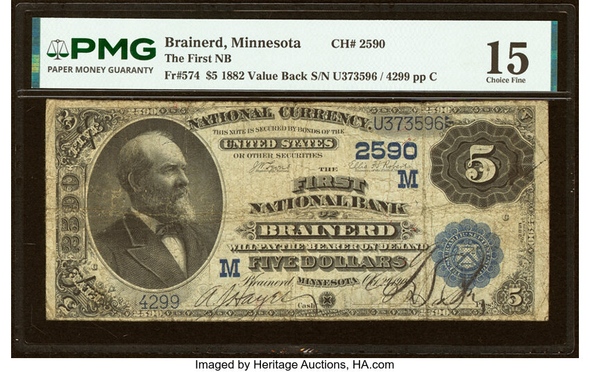 1882 $5  2nd Charter Period, 3rd Issue, Value Back (Fr. 574) thumbnail 2