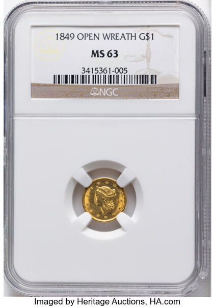 1849 G$1 Open Wreath, With L MS PL thumbnail 2