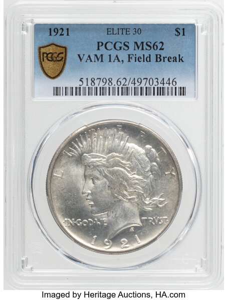 1921 $1  Peace, Reverse Field Break, VAM 1A MS thumbnail 6