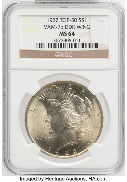 1922 $1  Doubled Wing, Die Pair 1, VAM-7.1 MS thumbnail 2