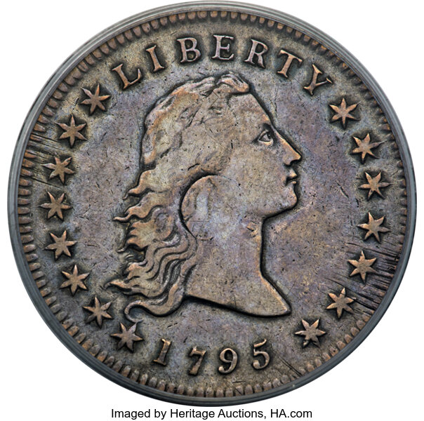 1795 $1  Flowing Hair, Silver Plug, 2 Leaves, B-1, BB-21 MS thumbnail 2