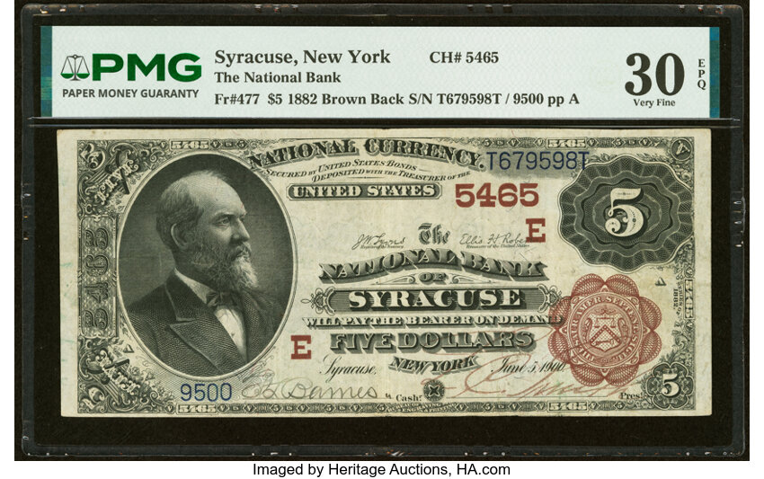 1882 $5  2nd Charter Period, 1st Issue, Brown Back (Fr. 477) thumbnail 2