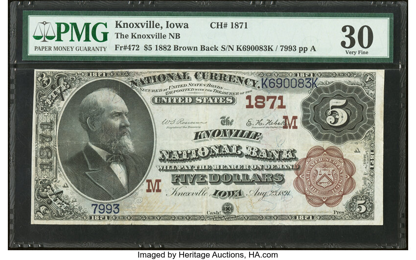 1882 $5  2nd Charter Period, 1st Issue, Brown Back (Fr. 472) thumbnail 2