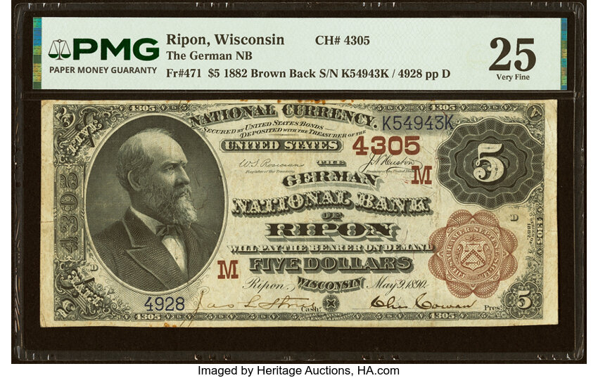 1882 $5  2nd Charter Period, 1st Issue, Brown Back (Fr. 471) thumbnail 2