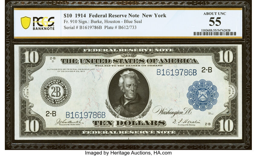 1914 $10  Blue Seal, New York (Fr. 910) thumbnail 2