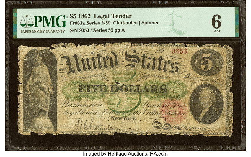 1862 $5  Seal Type 1 (Fr. 61a) thumbnail 3