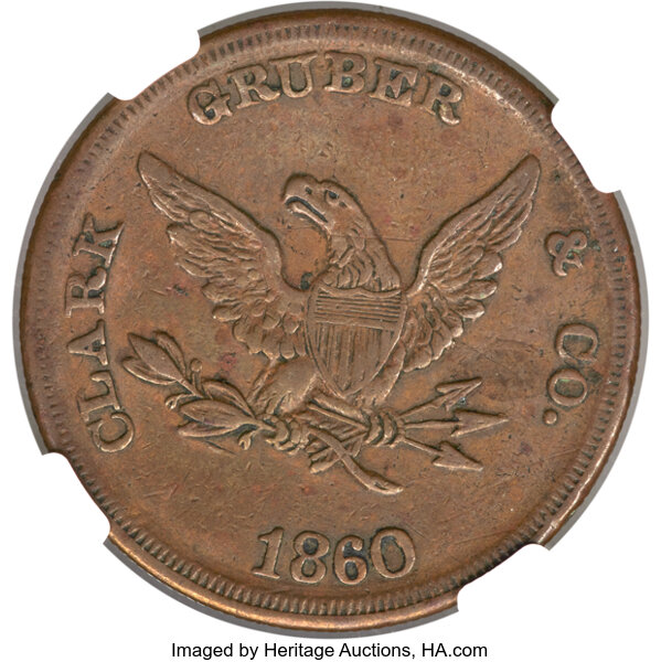 1860 DT$20 Clark Gruber, Copper Die Trial MS thumbnail 5