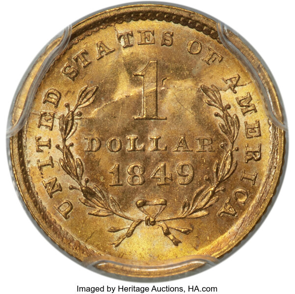 1849 G$1 Op. Wreath, No L, Normal Stars, D-1 MS thumbnail 5