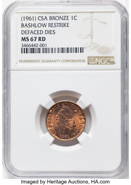 1861 (1961) 1c CSA, Bashlow Restrike, Copper MS RD thumbnail 2