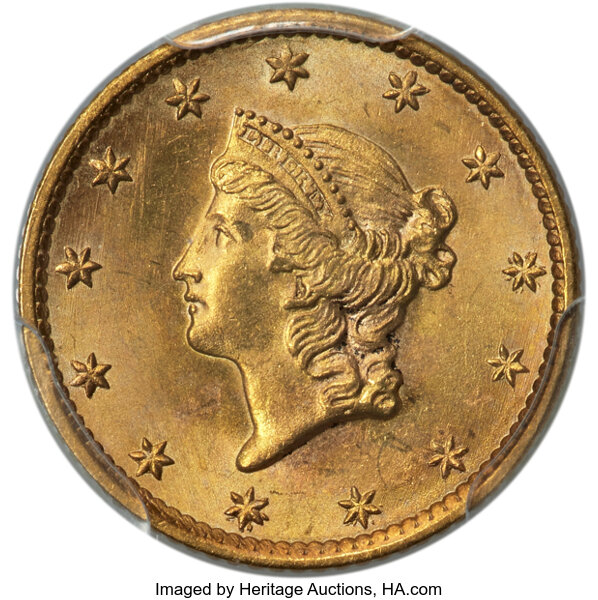 1849 G$1 Op. Wreath, No L, Normal Stars, D-1 MS thumbnail 2
