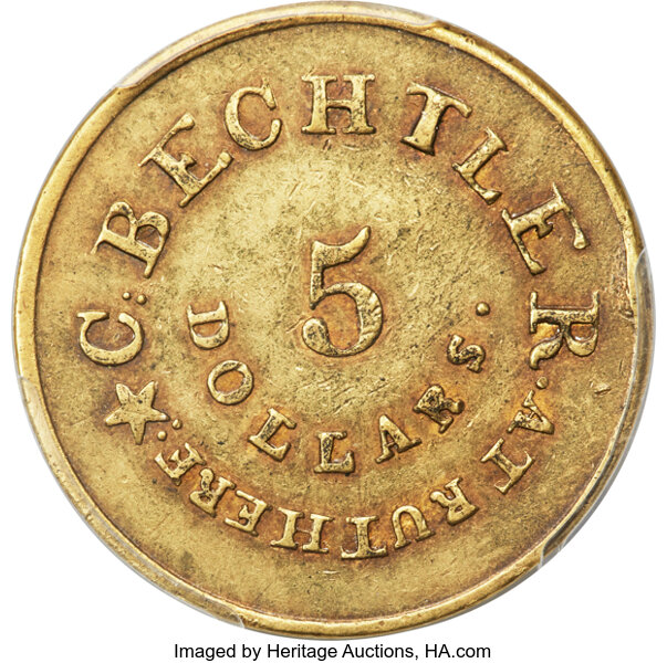 (1837-42) G$5  C. Bechtler, RUTHERF., 134 GR, 21C, with Star, Plain Edge, K-20 MS thumbnail 2