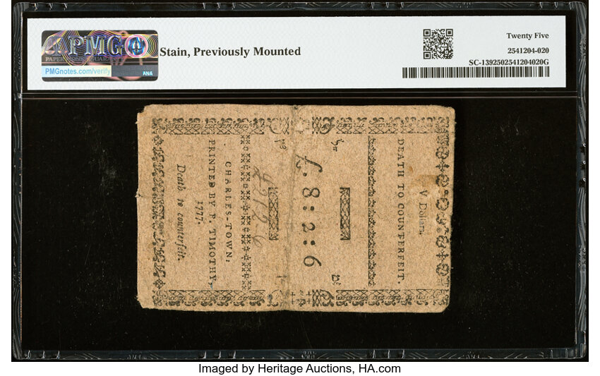 Dec 23, 1776,1777 on the back $5  South Carolina (Fr. SC139) thumbnail 5