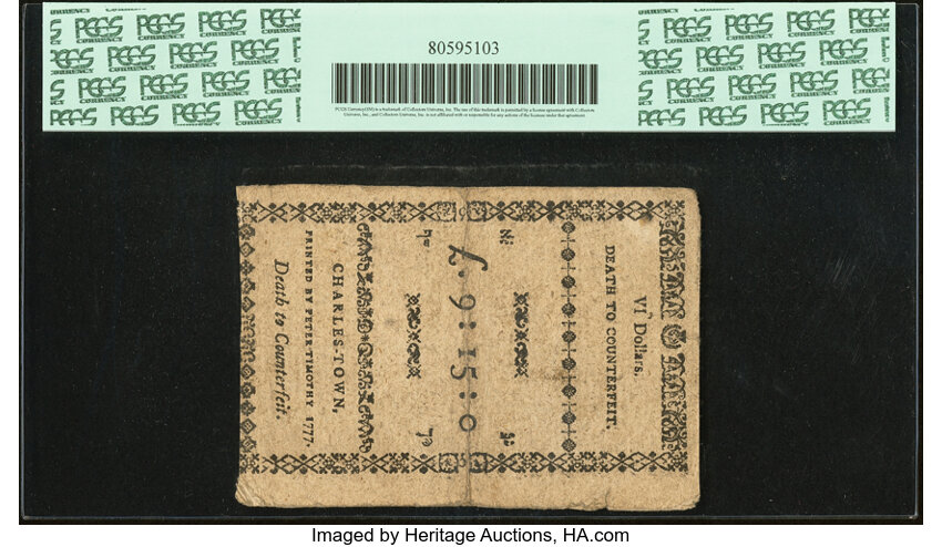 Dec 23, 1776,1777 on the back $6  South Carolina (Fr. SC140) thumbnail 5