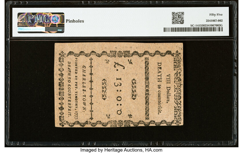 Dec 23, 1776,1777 on the back $8  South Carolina (Fr. SC141) thumbnail 11