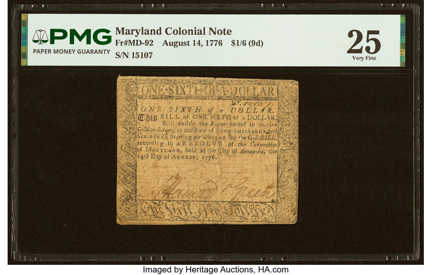Aug 14, 1776 $1/6 Maryland (Fr. MD92) thumbnail 2