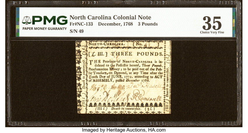 Dec 1768 £3 North Carolina (Fr. NC133) thumbnail 2