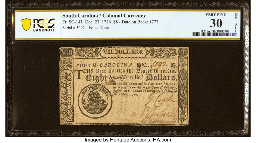 Dec 23, 1776,1777 on the back $8  South Carolina (Fr. SC141) thumbnail 2