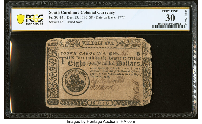 Dec 23, 1776,1777 on the back $8  South Carolina (Fr. SC141) thumbnail 4