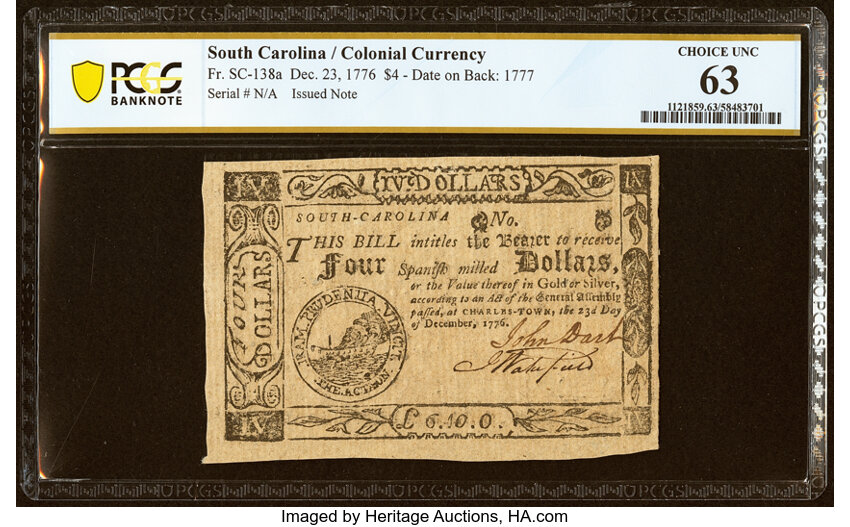 Dec 23, 1776,1777 on the back $4  South Carolina (Fr. SC138a) thumbnail 2