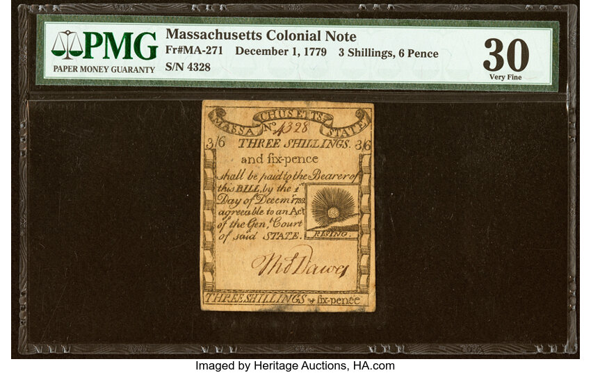 Dec 1, 1779 3s6d Massachussetts (Fr. MA271) thumbnail 2