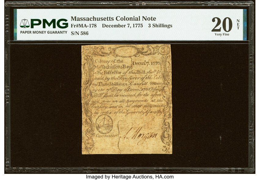 Dec 7, 1775 3s Massachussetts (Fr. MA178) thumbnail 2