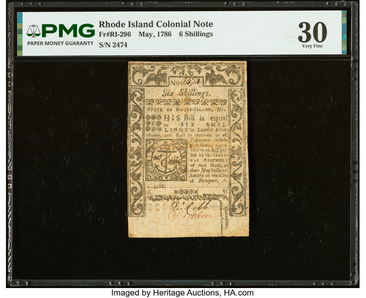May 1786 6s Rhode Island (Fr. RI296) thumbnail 2
