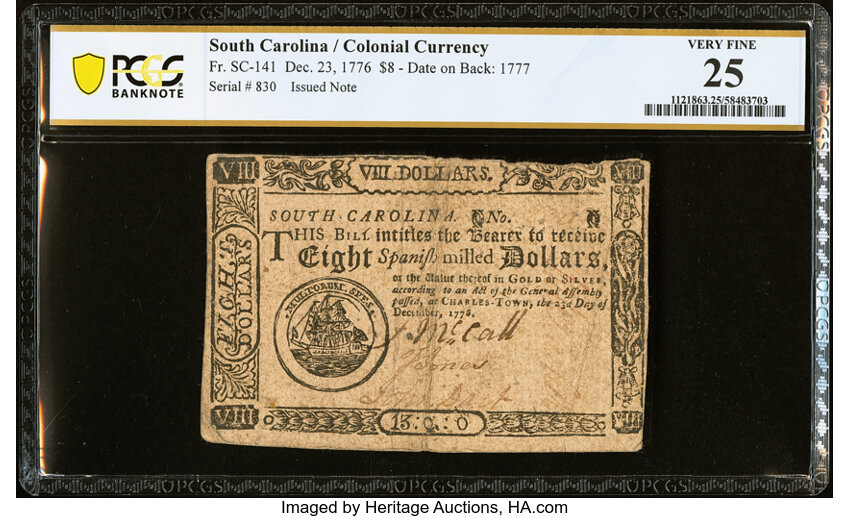 Dec 23, 1776,1777 on the back $8  South Carolina (Fr. SC141) thumbnail 3