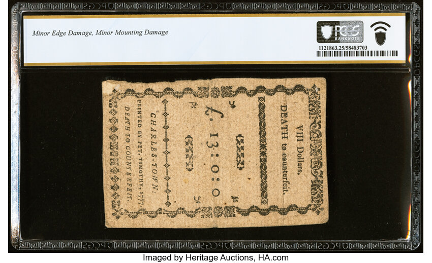 Dec 23, 1776,1777 on the back $8  South Carolina (Fr. SC141) thumbnail 8