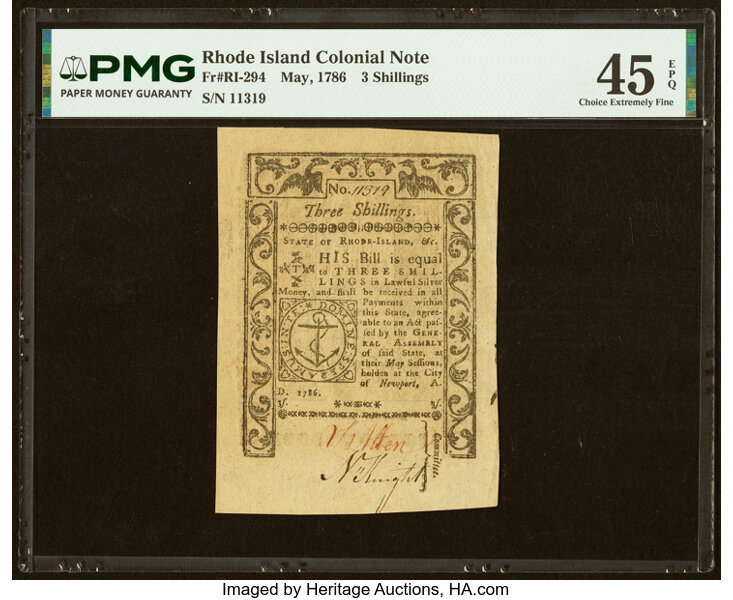 May 1786 3s Rhode Island (Fr. RI294) thumbnail 2