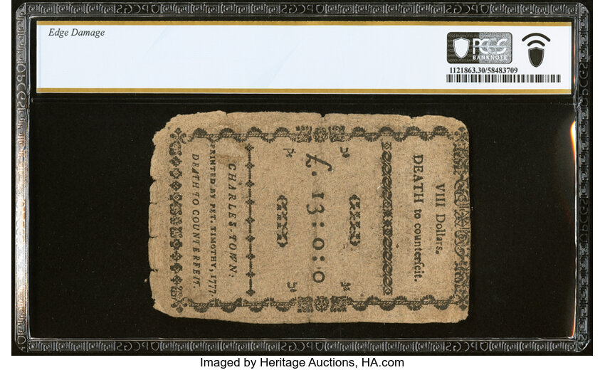 Dec 23, 1776,1777 on the back $8  South Carolina (Fr. SC141) thumbnail 9
