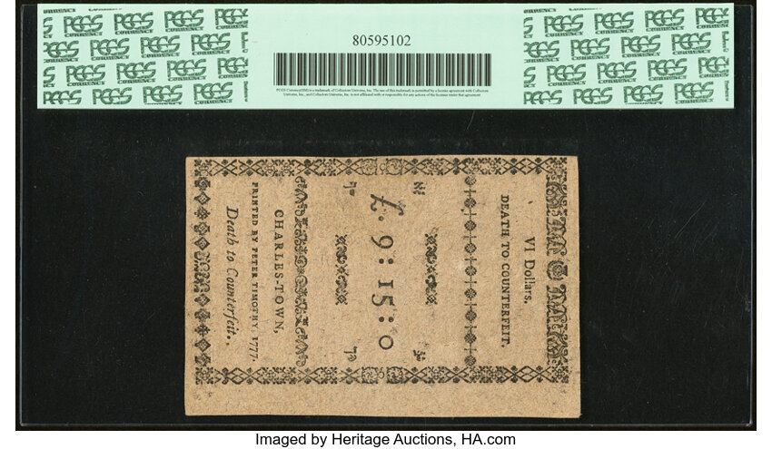 Dec 23, 1776,1777 on the back $6  South Carolina (Fr. SC140) thumbnail 4