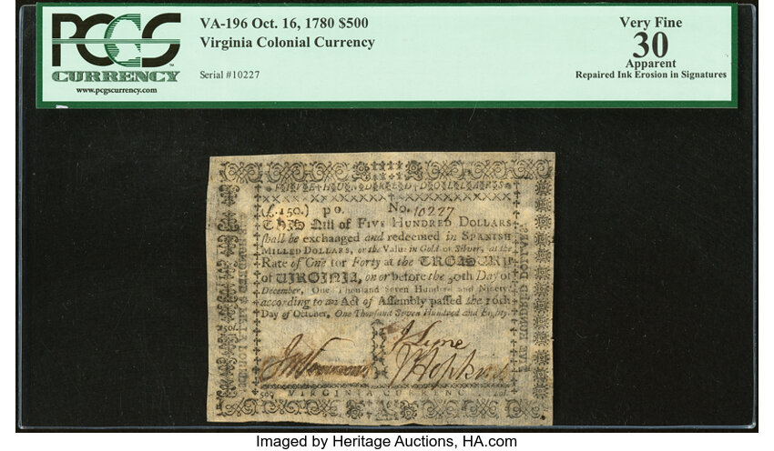 Oct 16, 1780 $500  Virginia (Fr. VA196) thumbnail 2