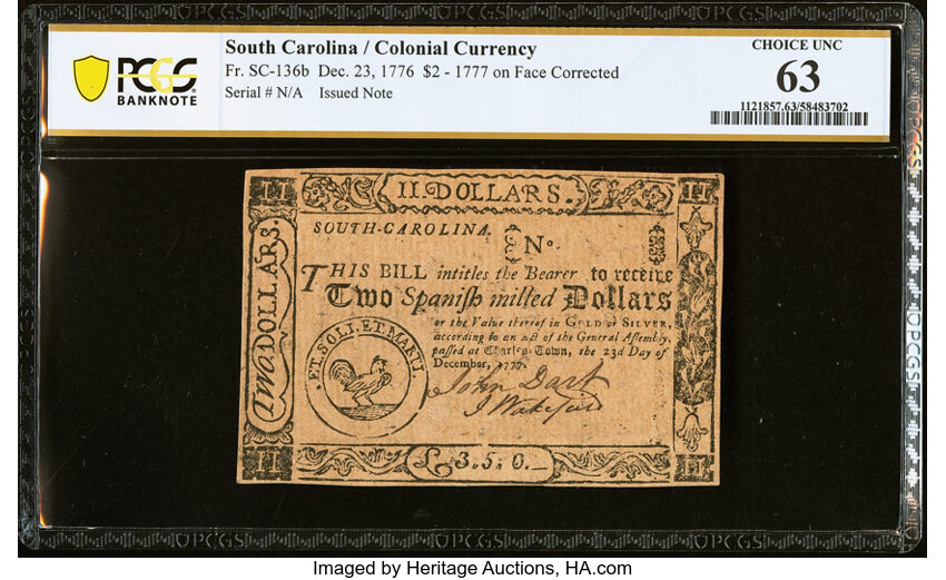 Dec 23, 1776,1777 on the back $2  South Carolina (Fr. SC136b) thumbnail 2