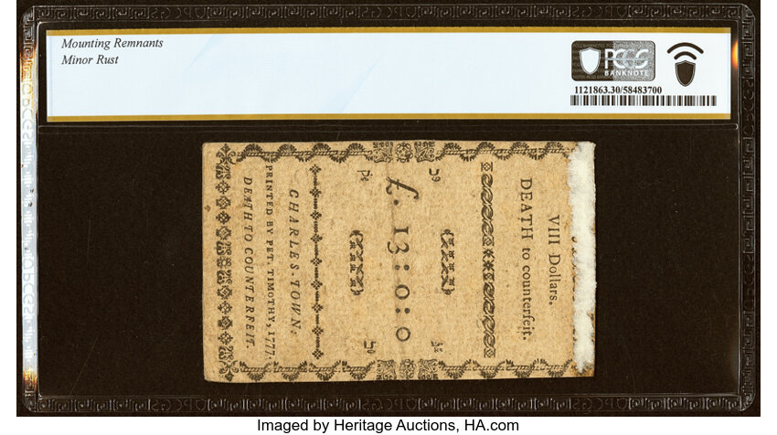 Dec 23, 1776,1777 on the back $8  South Carolina (Fr. SC141) thumbnail 7