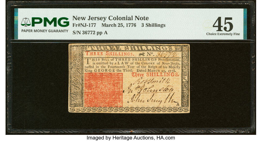 Mar 25, 1776 3s New Jersey (Fr. NJ177) thumbnail 2