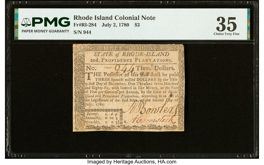 Jul 2, 1780 $3  Rhode Island (Fr. RI284) thumbnail 2