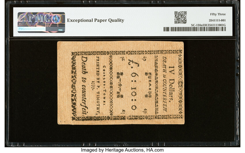 Dec 23, 1776,1777 on the back $4  South Carolina (Fr. SC138a) thumbnail 6