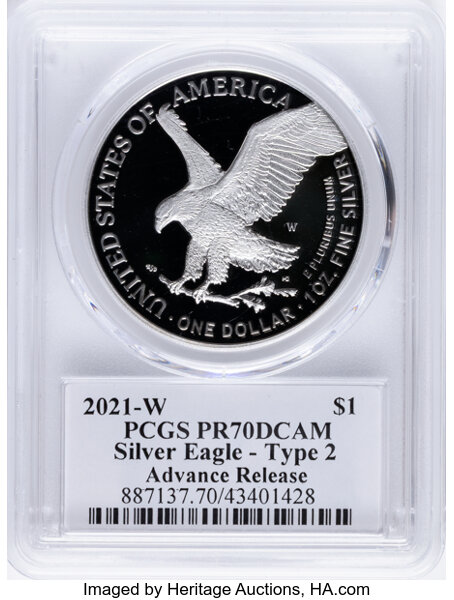 2021-W $1  Silver Eagle, Type 2 PR DCAM PR66 DCAM CAC thumbnail 9