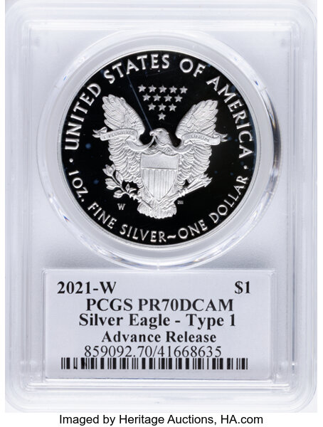 2021-W $1  Silver Eagle, Type 1 PR DCAM PR70 DCAM CAC thumbnail 4