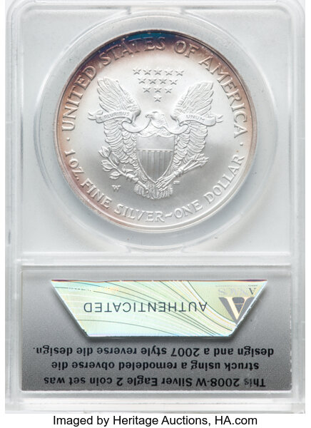 2008-W $1  Silver Eagle, Burnished, Reverse of 2007 OGP thumbnail 2