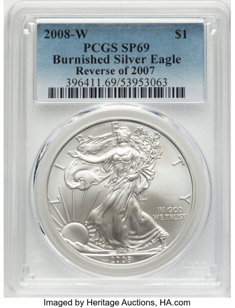 2008-W $1  Silver Eagle, Burnished, Reverse of 2007 MS thumbnail 5