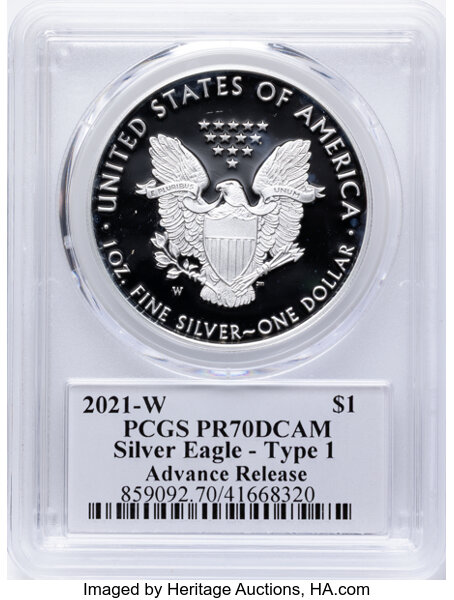 2021-W $1  Silver Eagle, Type 1 PR DCAM PR70 DCAM CAC thumbnail 2