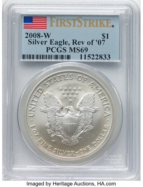 2008-W $1  Silver Eagle, Burnished, Reverse of 2007 MS thumbnail 3