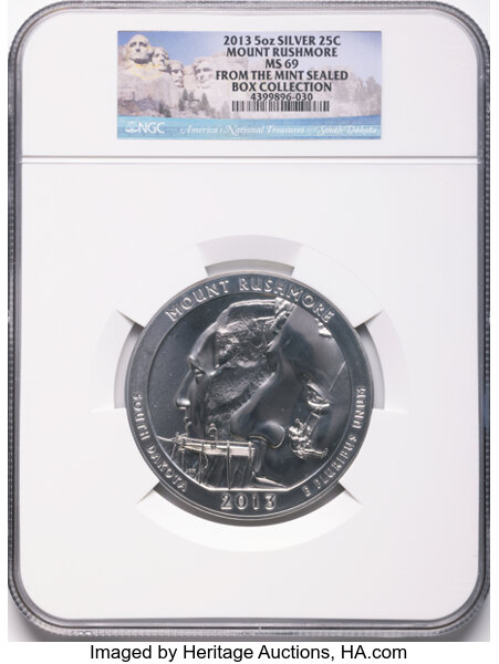 2013 S25c Mount Rushmore, 5oz Silver MS thumbnail 2
