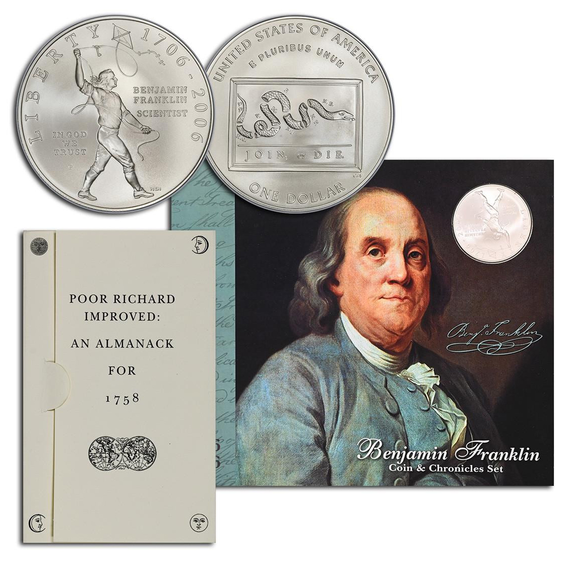 2006 Set Benjamin Franklin Tercentenary Coin & Chronicles, 5 Items (1 Coin, 4 Stamps) MS thumbnail 4
