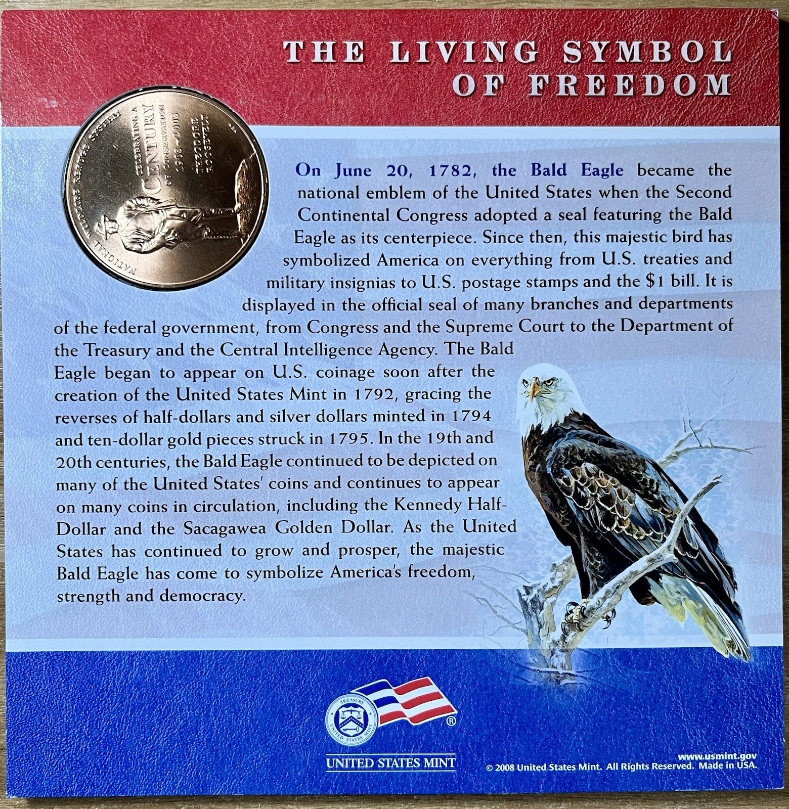 2008 Set Bald Eagle Recovery Coin & Medal , 2 Items (Coin, Medal) MS thumbnail 2