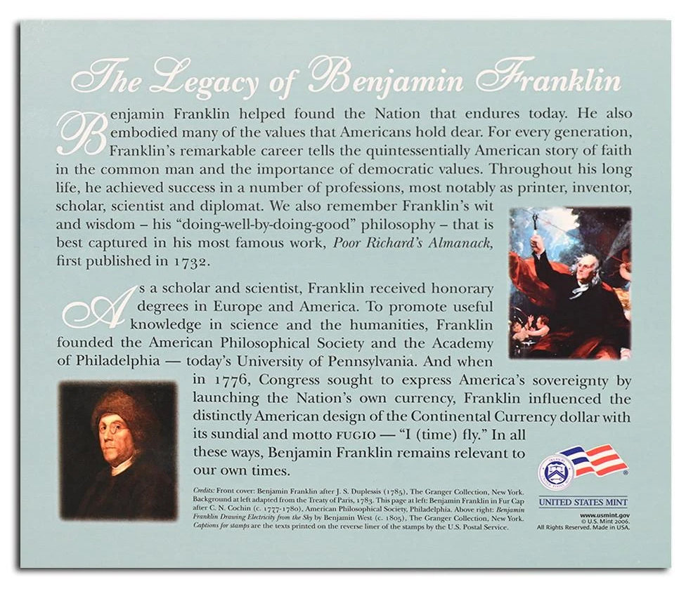 2006 Set Benjamin Franklin Tercentenary Coin & Chronicles, 5 Items (1 Coin, 4 Stamps) MS thumbnail 2