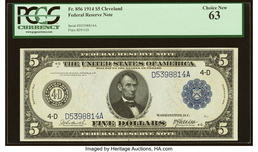 1914 $5  Blue Seal, Cleveland (Fr. 856) thumbnail 2