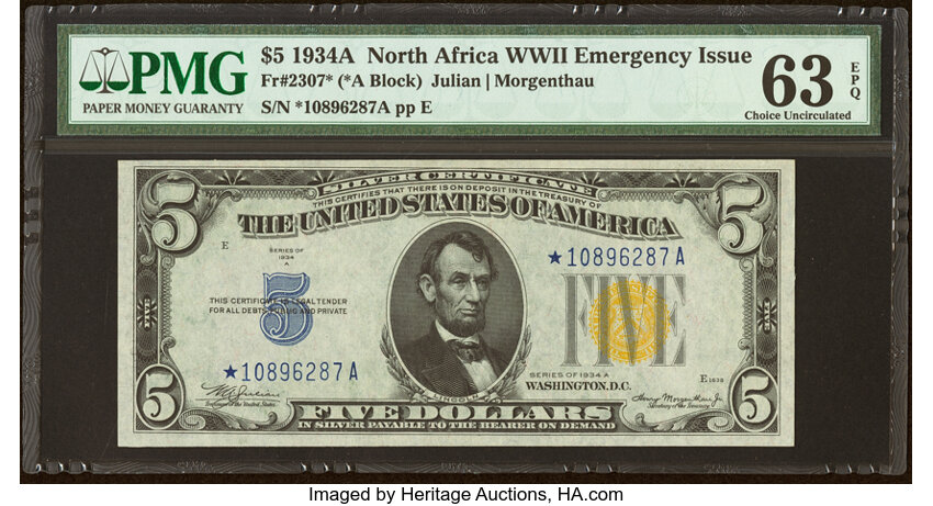 1934A $5  North Africa, Star Replacement (Fr. 2307*) thumbnail 2